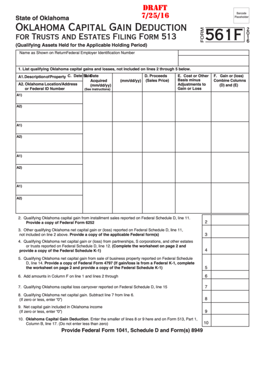 Form 561f Draft - Oklahoma Capital Gain Deduction For Trusts And Estates - 2016 Printable pdf