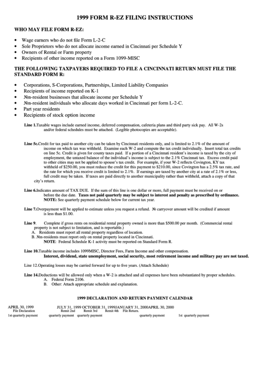 Form R-Ez Filing Instructions - Income Tax Return - Cincinnati - 1999 Printable pdf