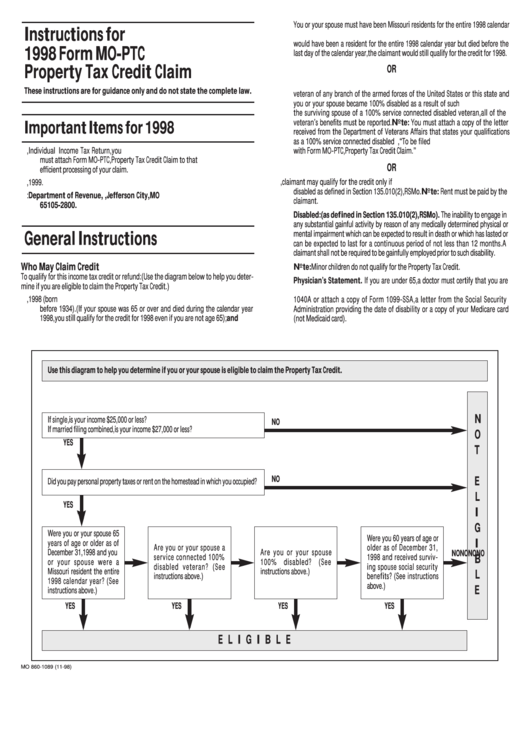 Instructions For Form Mo-Ptc - Property Tax Credit Claim - 1998 Printable pdf