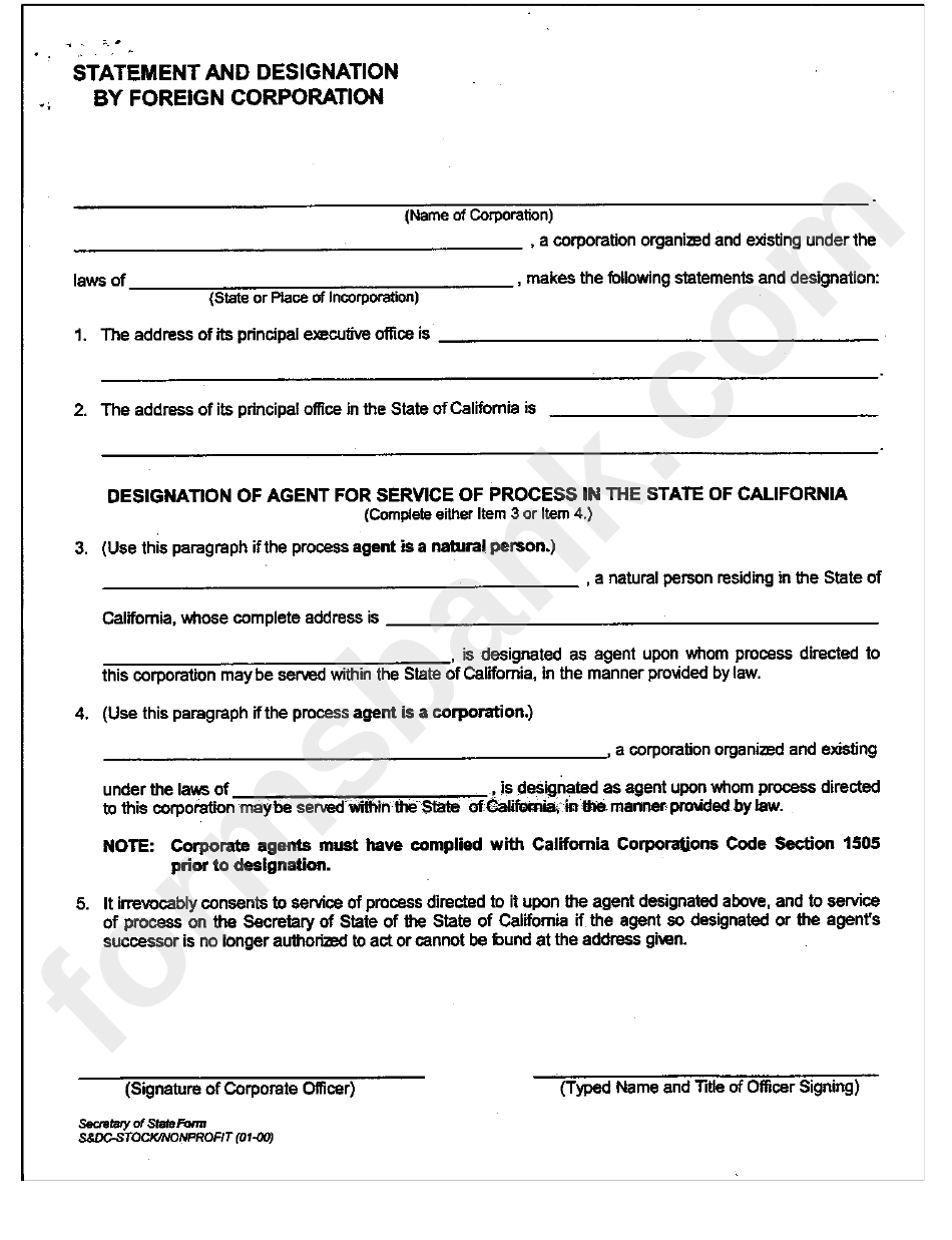 Statement Of Designation By Foreign Corporation Form - California Secretary Of State