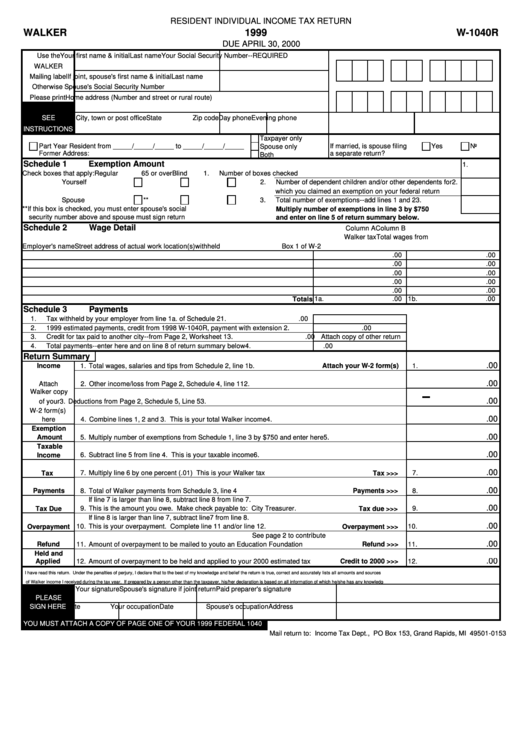 Form W-1040r - City Of Walker Resident Individual Income Tax Return - 1999 Printable pdf