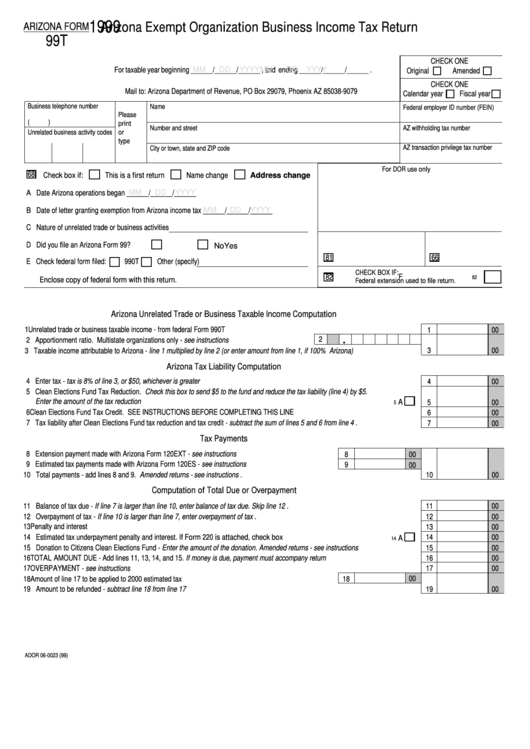 Fillable Form 99t - Arizona Exempt Organization Business Income Tax Return - 1999 Printable pdf