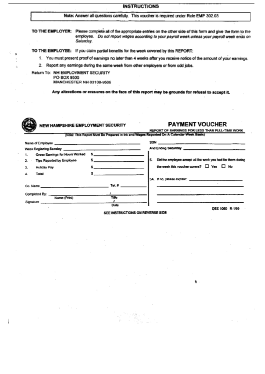 Form Des 1060 - Report Of Earnings For Less Than Full-Time Work Payment Voucher - New Hampshire Employment Security Printable pdf