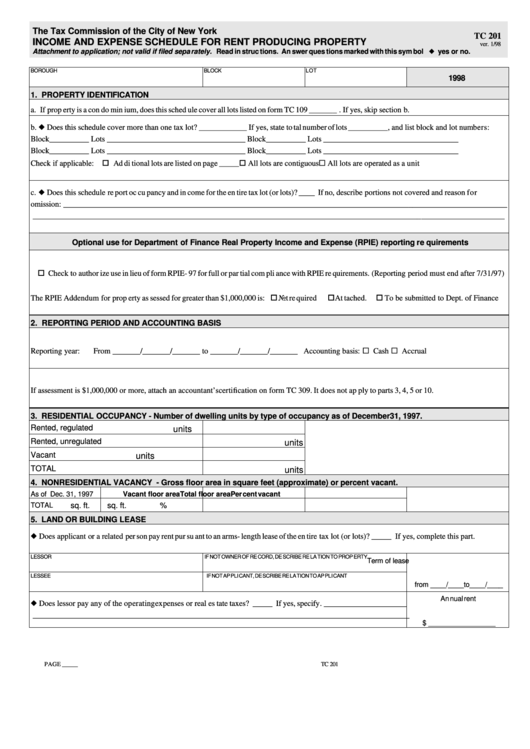 Fillable Form Tc 201 - Income And Expense Shedule For Rent Producing Property Printable pdf