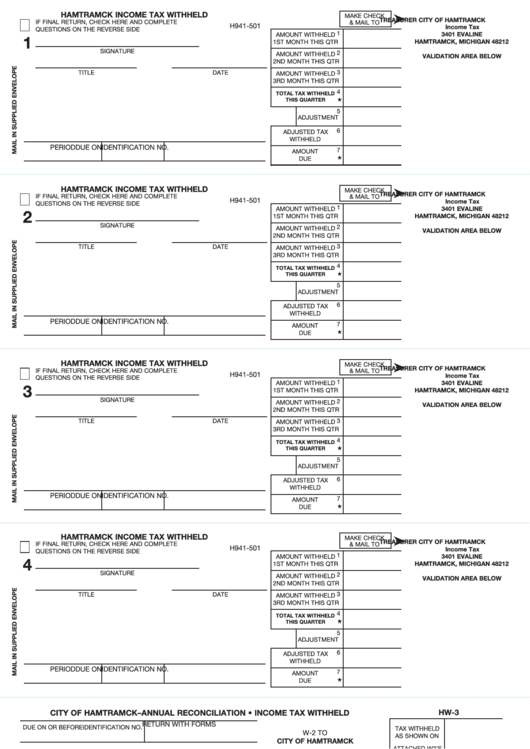 Form H941-501 - Hamtramck Income Tax Withheld Printable pdf