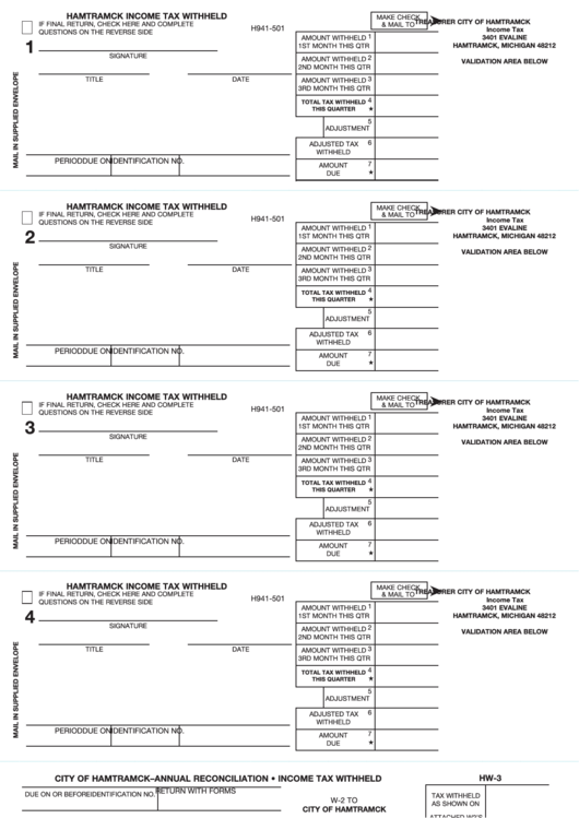 Form H941-501 - Hamtramck Income Tax Withheld printable pdf download