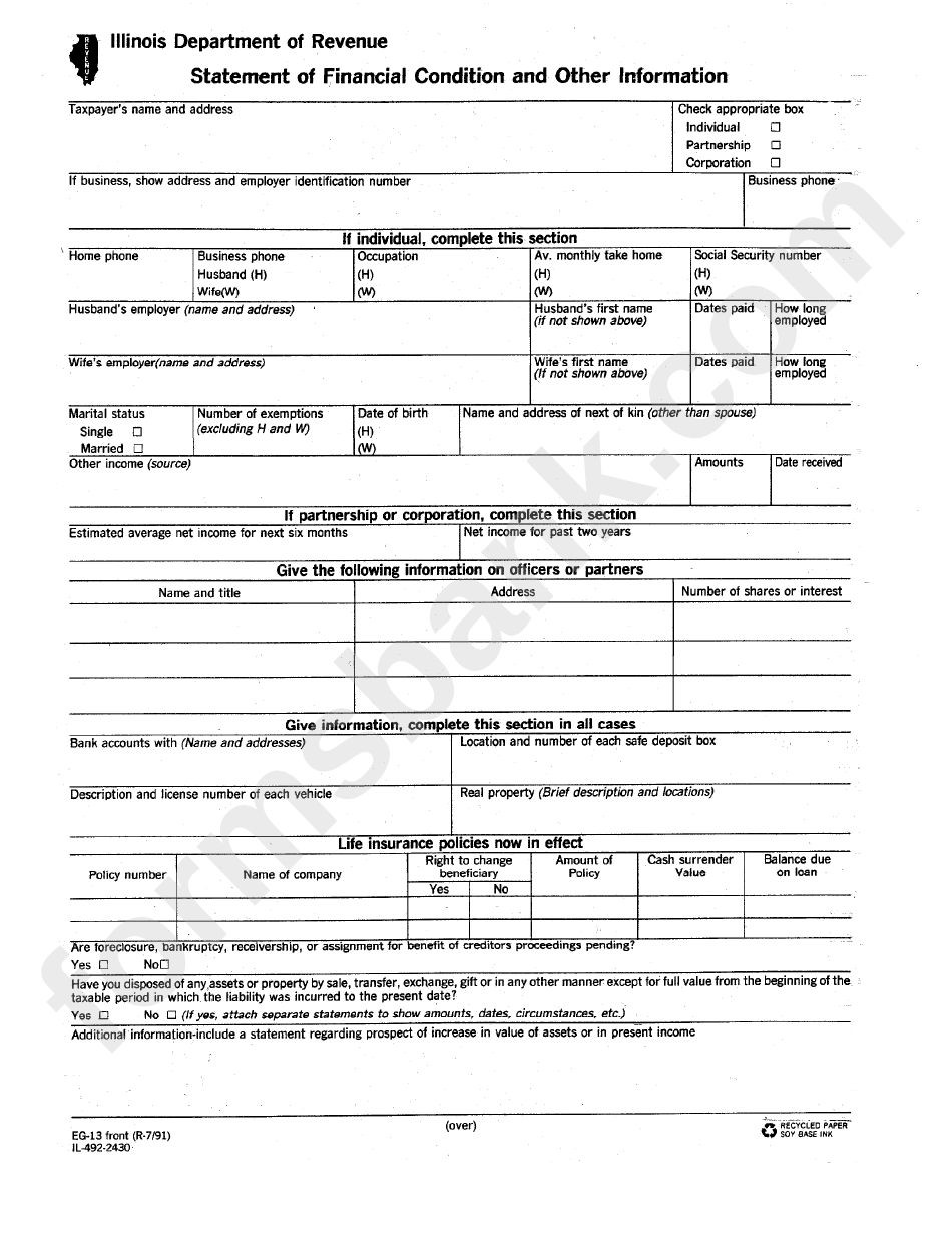 Form Eg-13 - Statement Of Financial Condition And Other Information