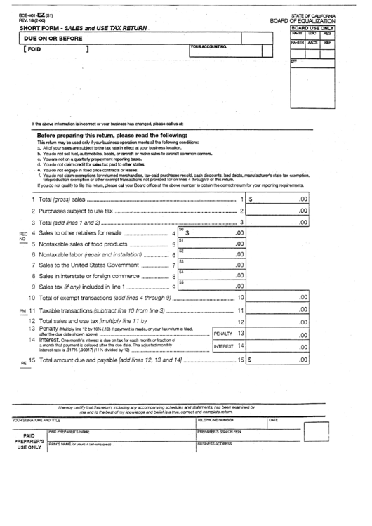Form Boe-401-Ez - Short Form - Sales And Use Tax Return - 2000 Printable pdf