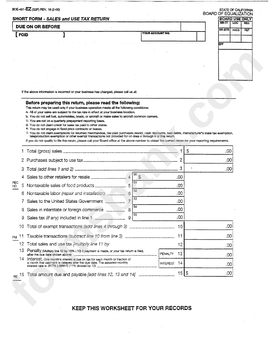 Form Boe-401-Ez - Short Form - Sales And Use Tax Return - 2000