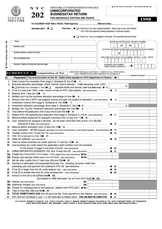 Fillable Form Nyc 202 - Unincorporated Business Tax Return - 1998 Printable pdf