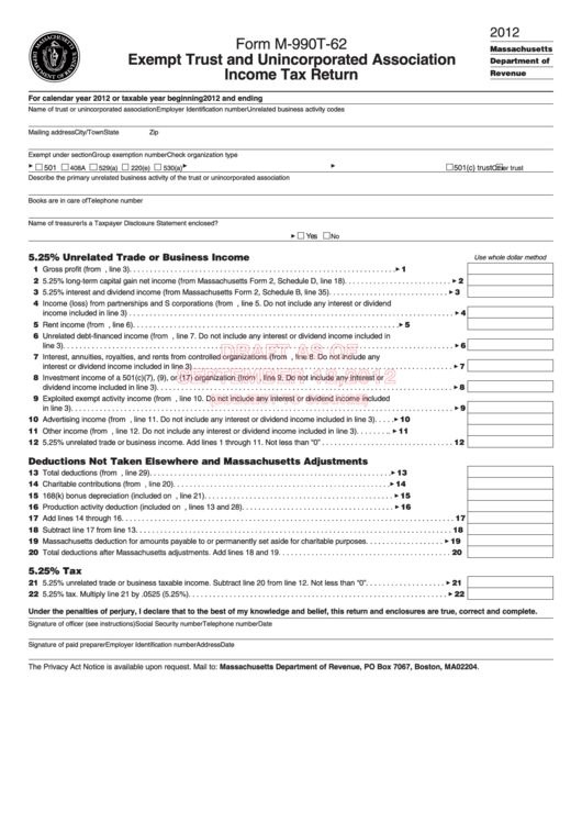 Form M-990t-62 Draft - Exempt Trust And Unincorporated Association Income Tax Return - 2012 Printable pdf