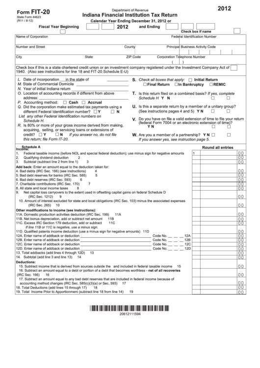 Form Fit-20 - Indiana Financial Institution Tax Return - 2012 Printable pdf