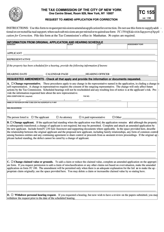 Fillable Form Tc 155 - Re Quest To Amend Ap Pli Ca Tion For Cor Rec Tion Printable pdf