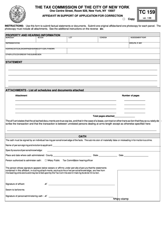 Fillable Form Tc 159 - Affidavit In Support Of Application For Correction Printable pdf