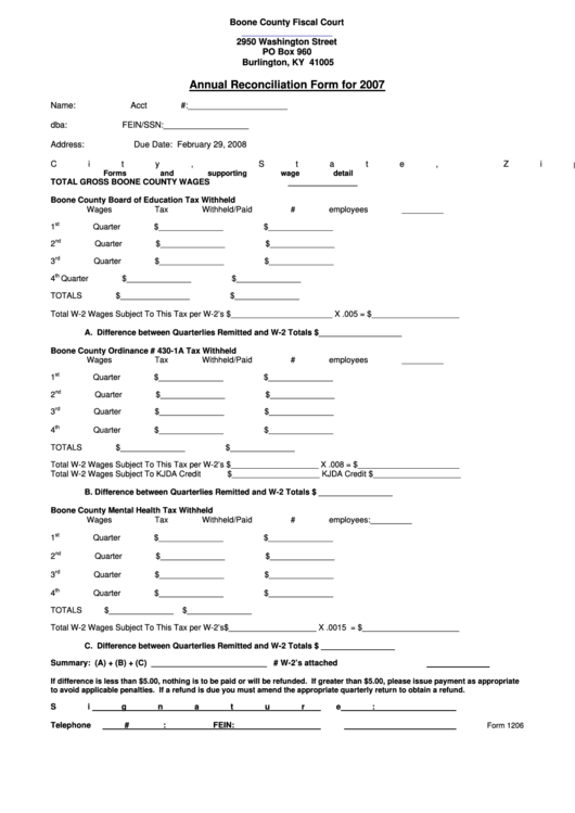 Form 1206 - Annual Reconciliation Form - 2007 Printable pdf