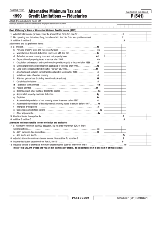 California Schedule P (541) - Alternative Minimum Tax And Credit Limitations - Fiduciaries - 1999 Printable pdf