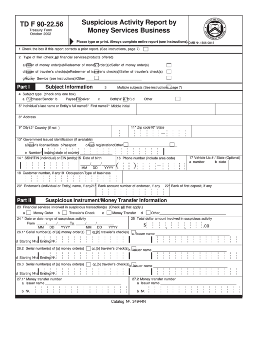 Form Td F 90-22.56 - Suspicious Activity Report By Money Services Business Printable pdf