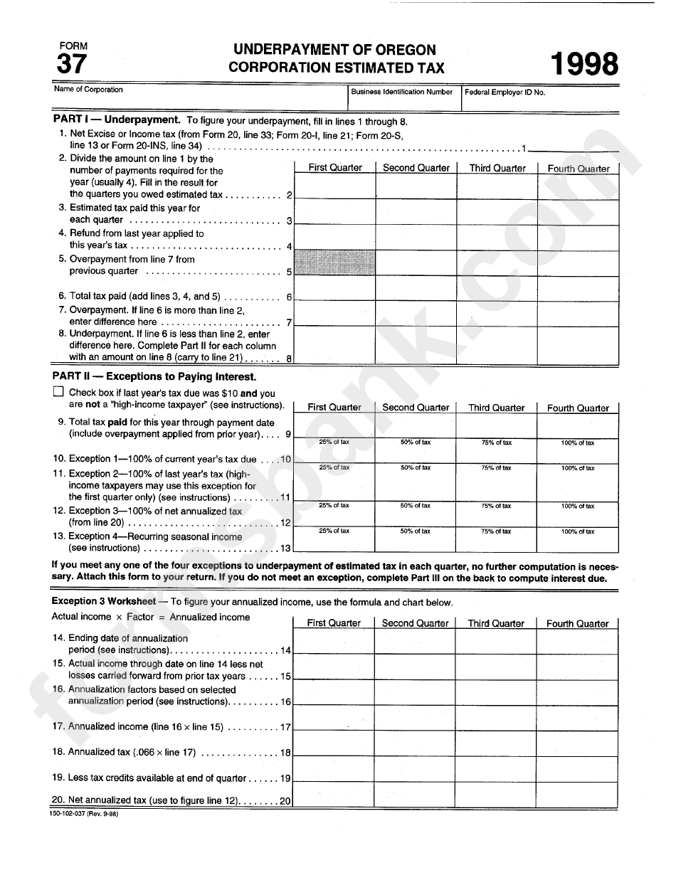 Form 37 - Underpayment Of Oregon Corporation Estimated Tax - 1998