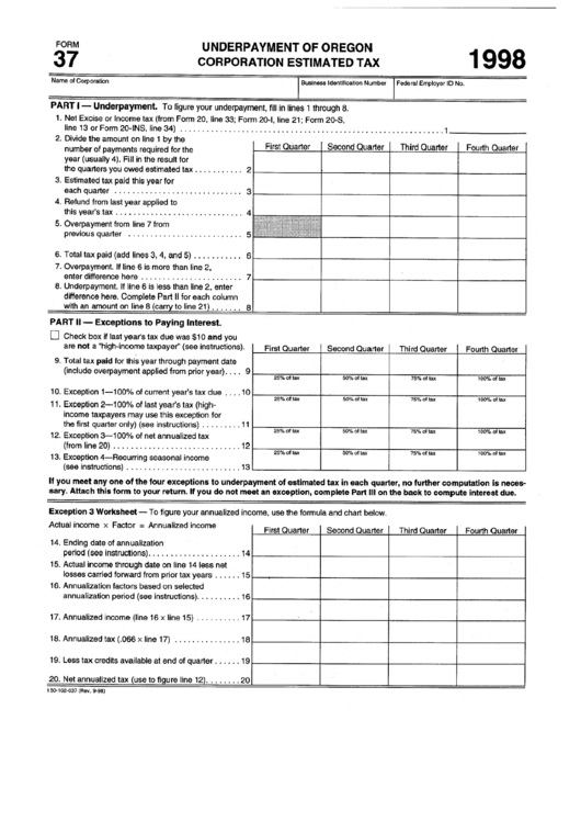 Fillable Form 37 - Underpayment Of Oregon Corporation Estimated Tax - 1998 Printable pdf