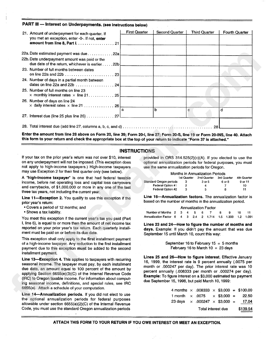 Form 37 - Underpayment Of Oregon Corporation Estimated Tax - 1998