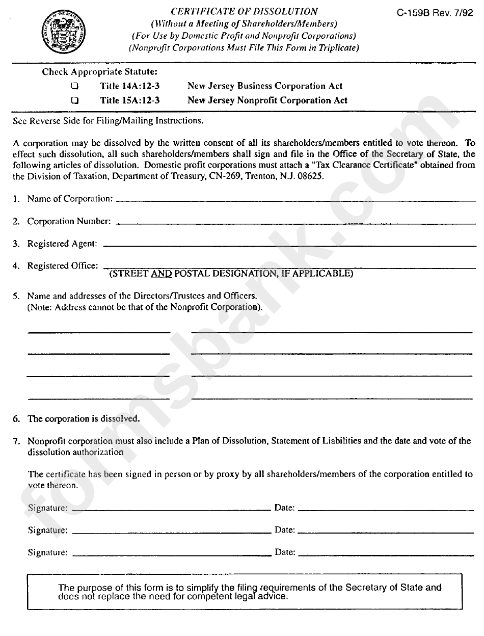 Form C-159b - Certificate Of Dissolution (Without A Meeting Of Shareholders/members)