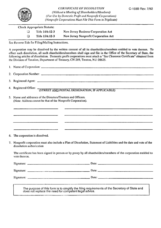 Fillable Form C-159b - Certificate Of Dissolution (Without A Meeting Of Shareholders/members) Printable pdf