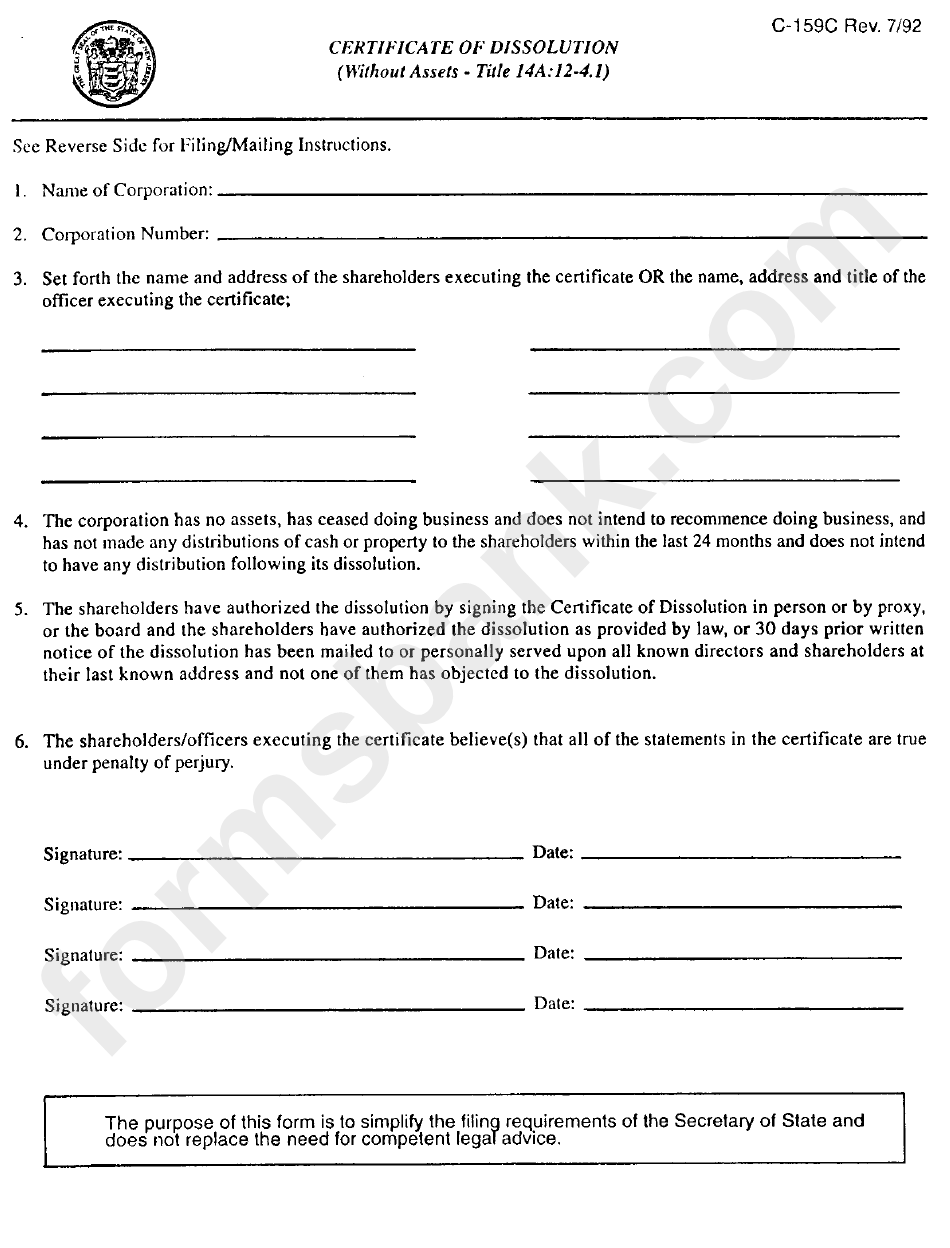 Fillable Form C 159c Certificate Of Dissolution printable pdf download