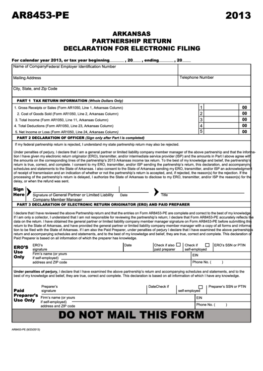 Fillable Form Ar8453-Pe - Arkansas Partnership Return Declaration For Electronic Filing - 2013 Printable pdf