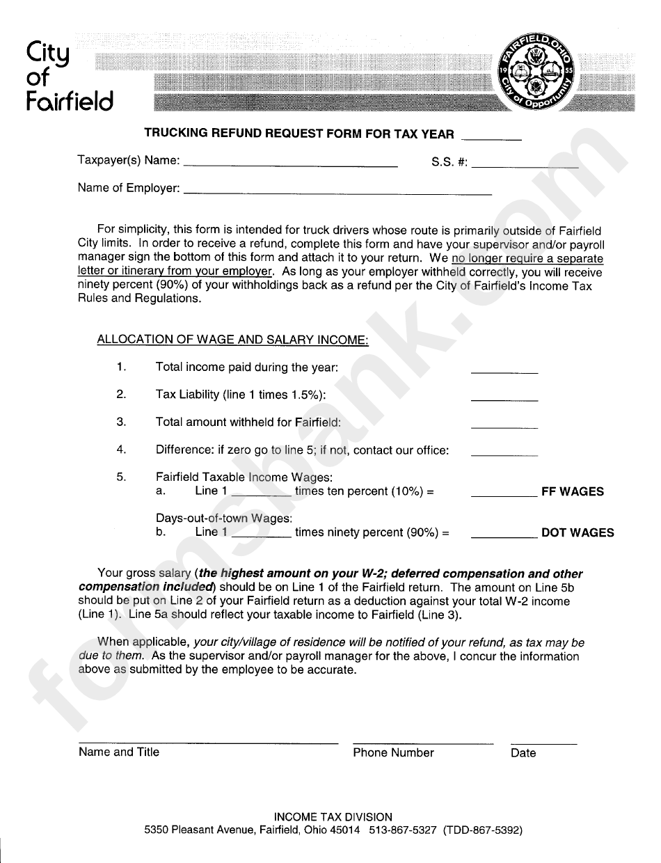 Trucking Refund Request Form - Fairfield Income Tax Division