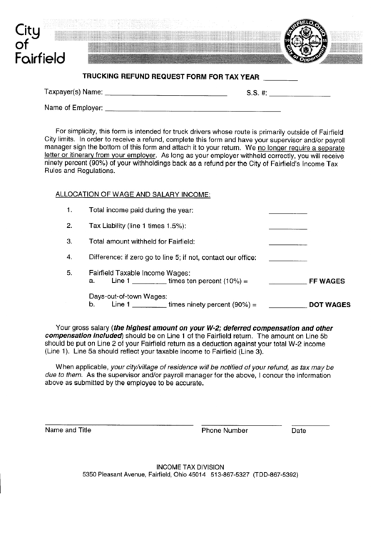 Trucking Refund Request Form - Fairfield Income Tax Division Printable pdf