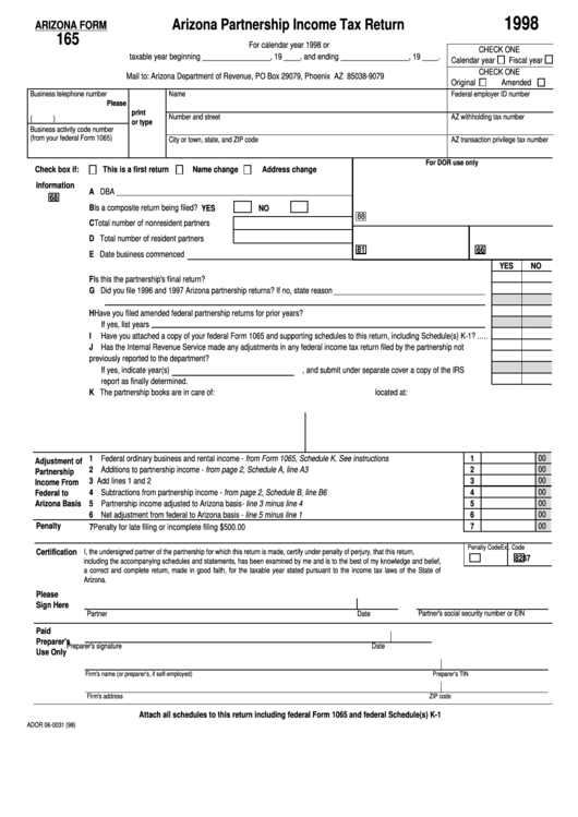 Fillable Arizona Form 165 - Arizona Partnership Income Tax Return - 1998 Printable pdf