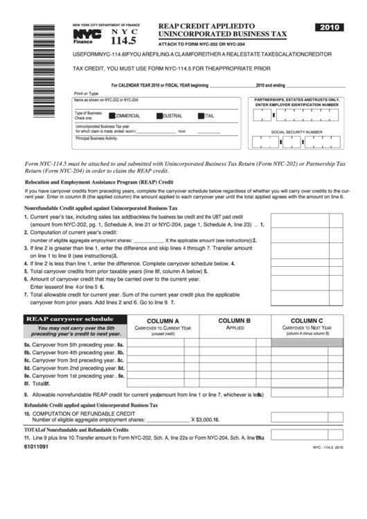 Form Nyc 114.5 - Reap Credit Applied To Unincorporated Business Tax - 2010 Printable pdf