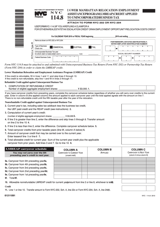 Form Nyc 114.8 - Lower Manhattan Relocation Employment Assistance Program (Lmreap) Credit Applied To Unincorporated Business Tax - 2010 Printable pdf