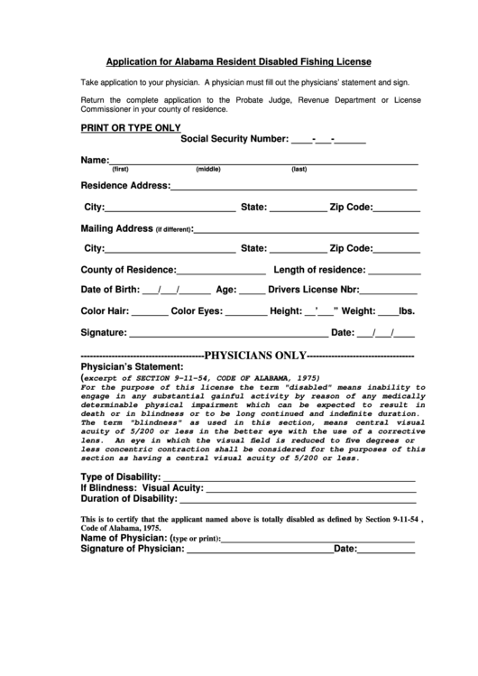 Application For Alabama Resident Disabled Fishing License Printable pdf