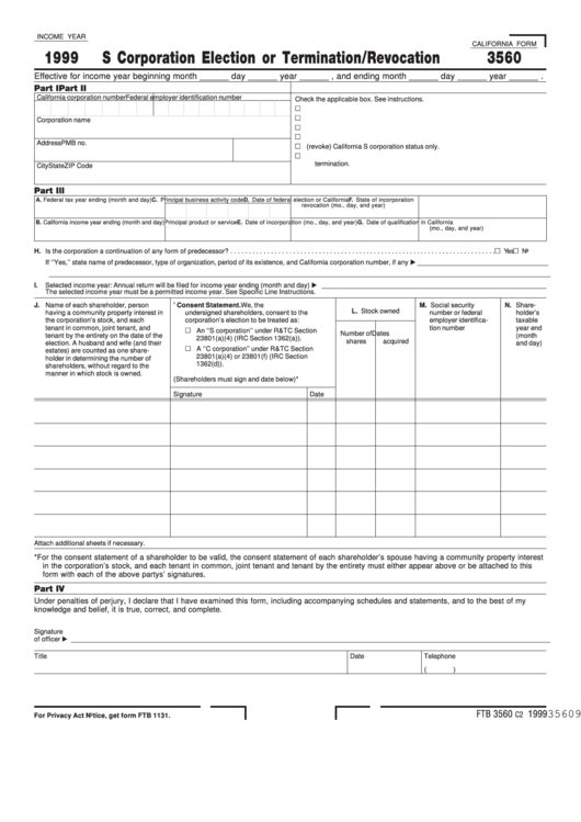 California Form 3560 - S Corporation Election Or Termination/revocation - 1999 Printable pdf