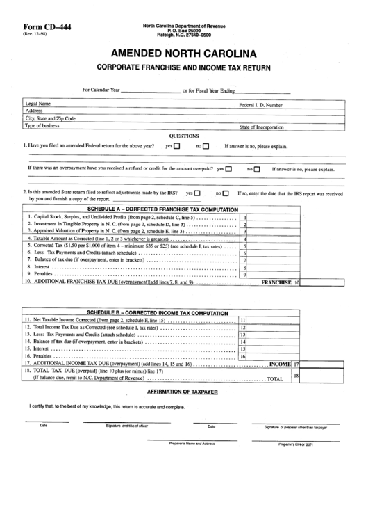 Fillable Form Cd-444 - Amended North Carolina Corporate Franchise And Income Tax Return Printable pdf