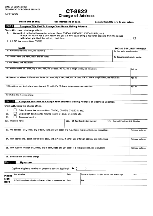 Fillable Form Ct-8822 - Change Of Address - Connecticut Department Of Revenue Services Printable pdf