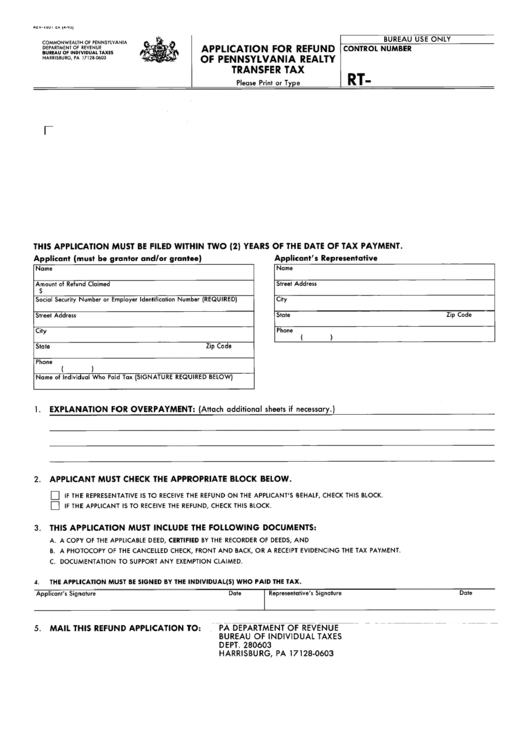 Form Rev-1651 - Application For Refund Of Pennsylvania Realty Transfer ...