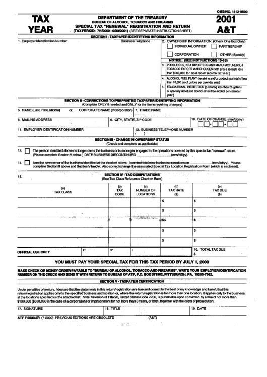 Special Tax Renewal Registration And Return - Department Of Treasury, 2001 Printable pdf