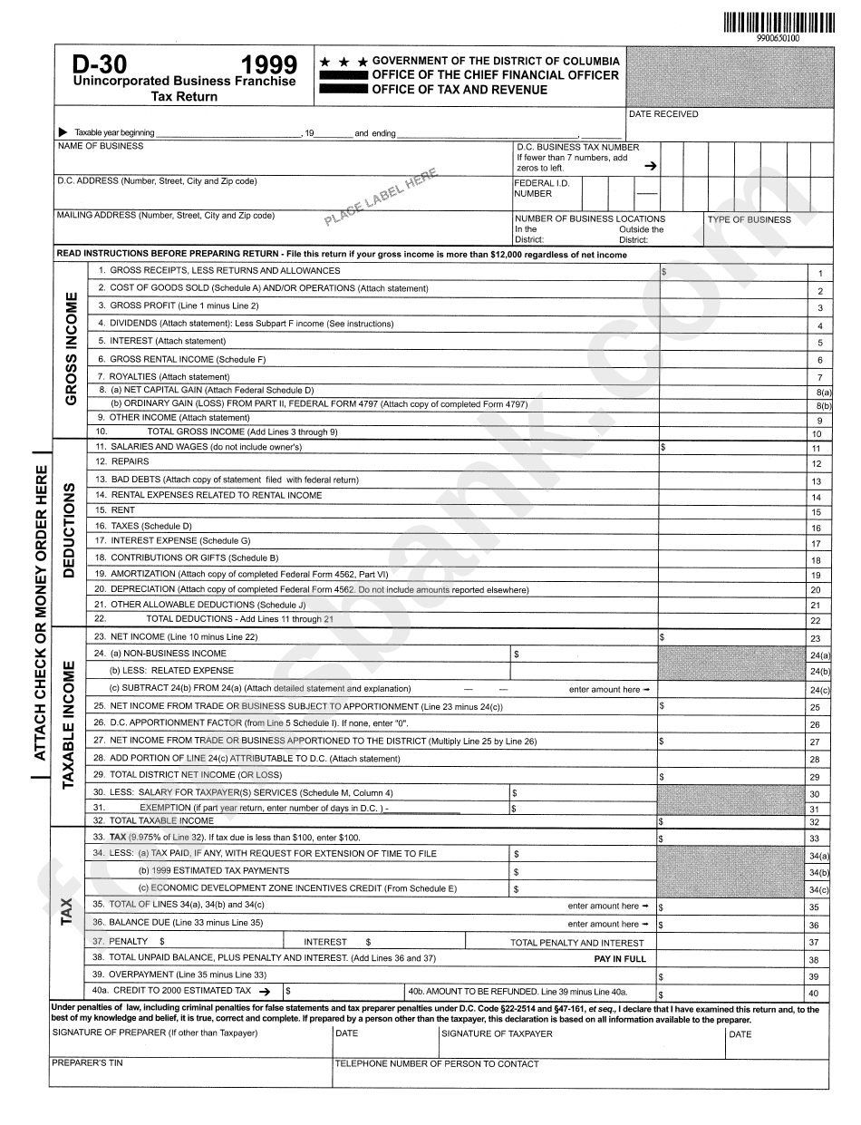 Form D-30 - Unincorporated Business Franchise Tax Return - Government Of The District Of Columbia, 1999