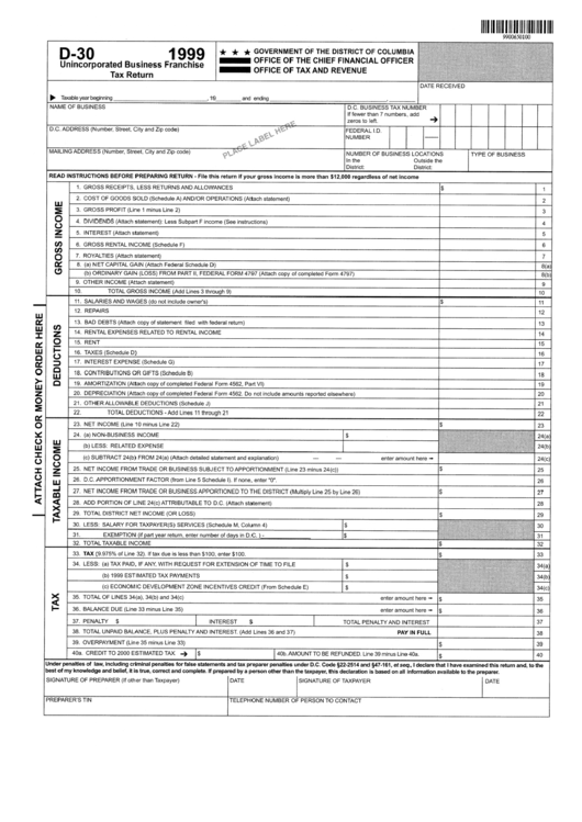Form D-30 - Unincorporated Business Franchise Tax Return - Government Of The District Of Columbia, 1999 Printable pdf
