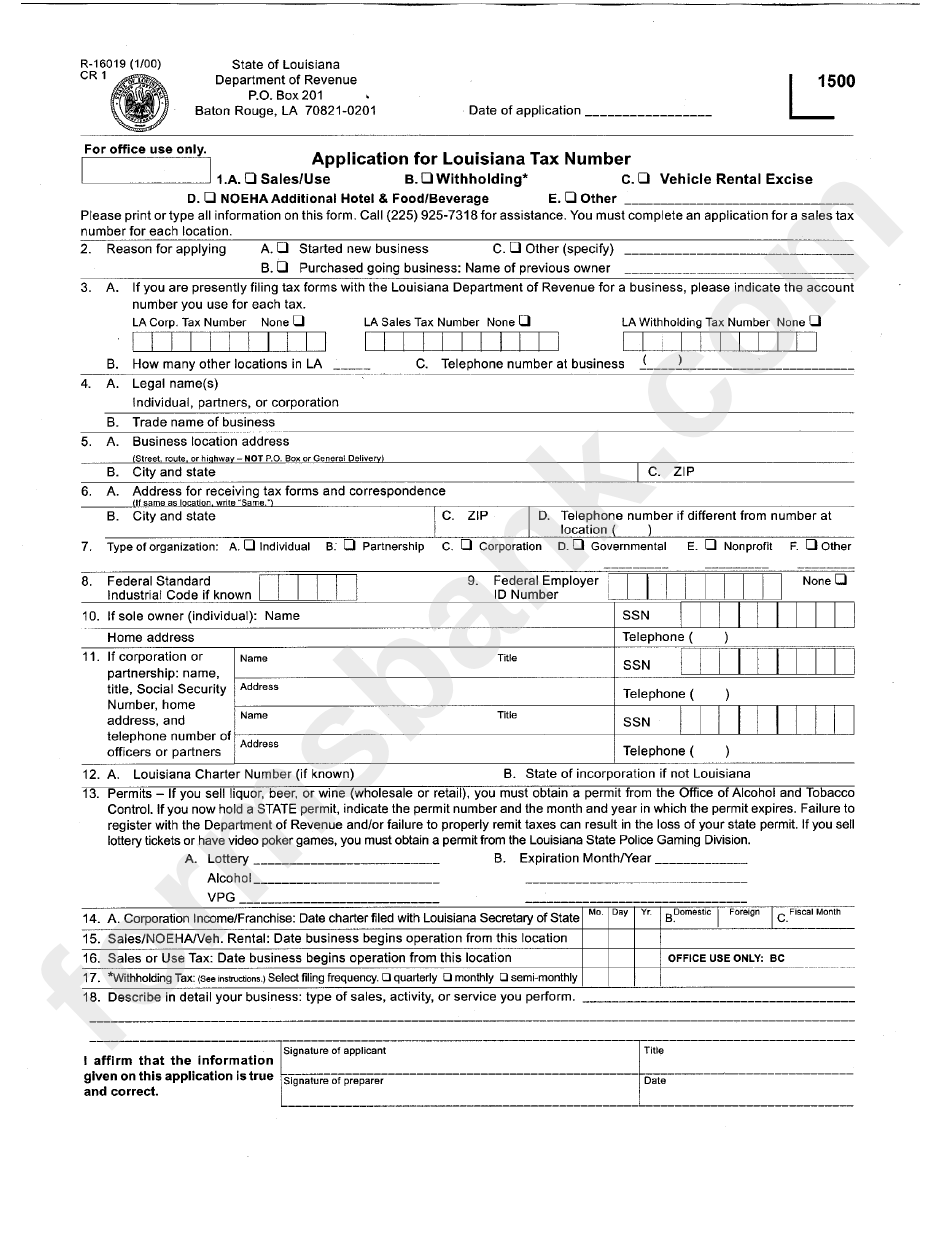 Form R-16019 - Application For Louisiana Tax Number