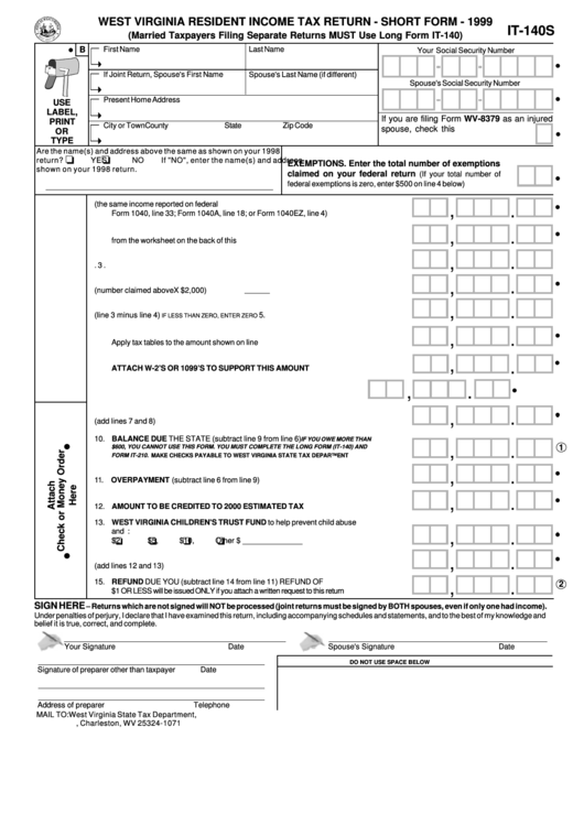 Form It-140s - West Virginia Resident Income Tax Return - Short Form - 1999 Printable pdf