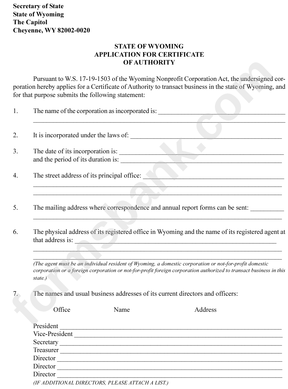 Application For Certificate Of Authority - State Of Wyoming Secretary Of State