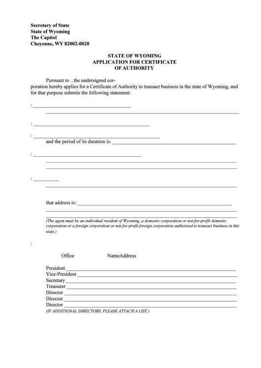 Application For Certificate Of Authority - State Of Wyoming Secretary Of State Printable pdf