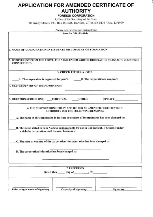 Application For Amended Certificate Of Authority - Foreign Corporation - Connecticut Secretary Of State Printable pdf