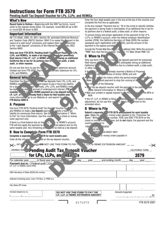 Form 3579 Draft - Pending Audit Tax Deposit Voucher For Lps, Llps, And Remics Printable pdf