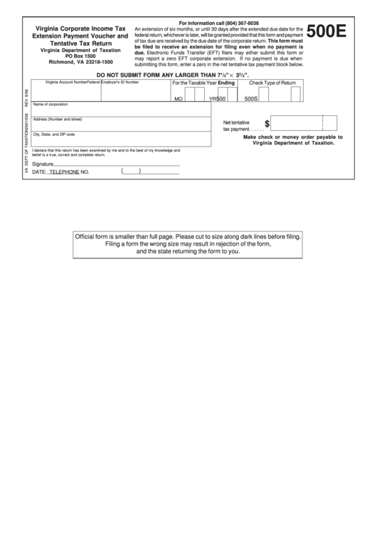Fillable Form 500e - Virginia Corporate Income Tax Extension Payment Voucher And Tentative Tax Return Printable pdf