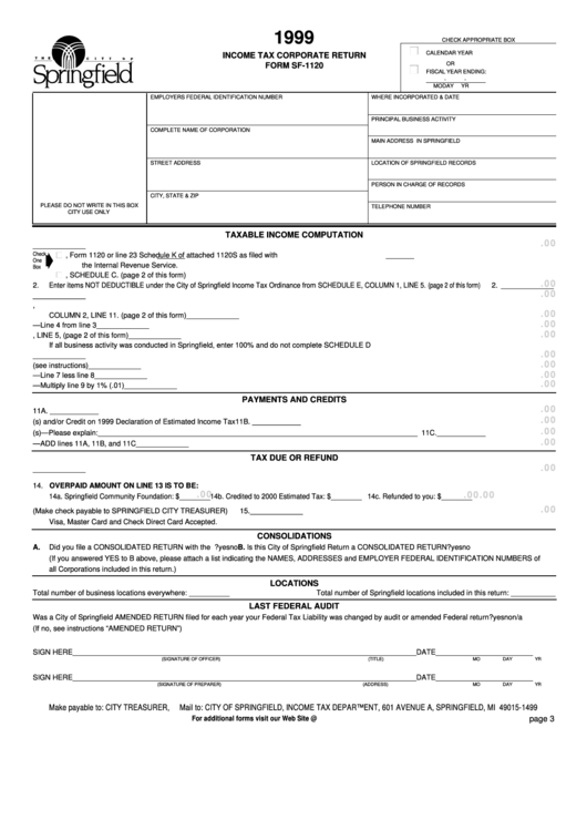 Form Sf-1120 - Income Tax Corporate Return - 1999 Printable pdf