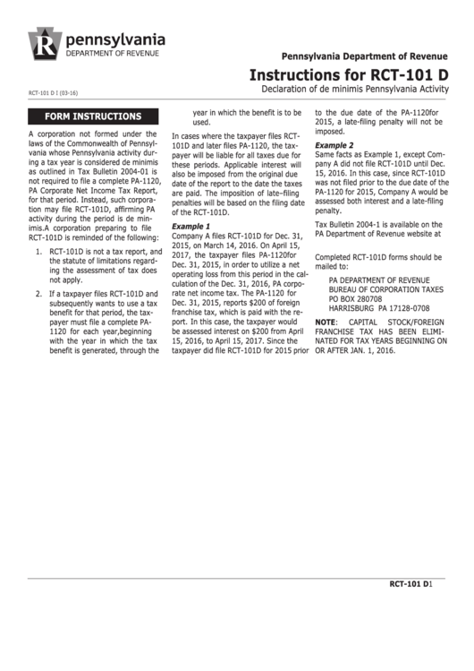 Instructions For Rct-101 D - Declaration Of De Minimis Pennsylvania Activity Printable pdf